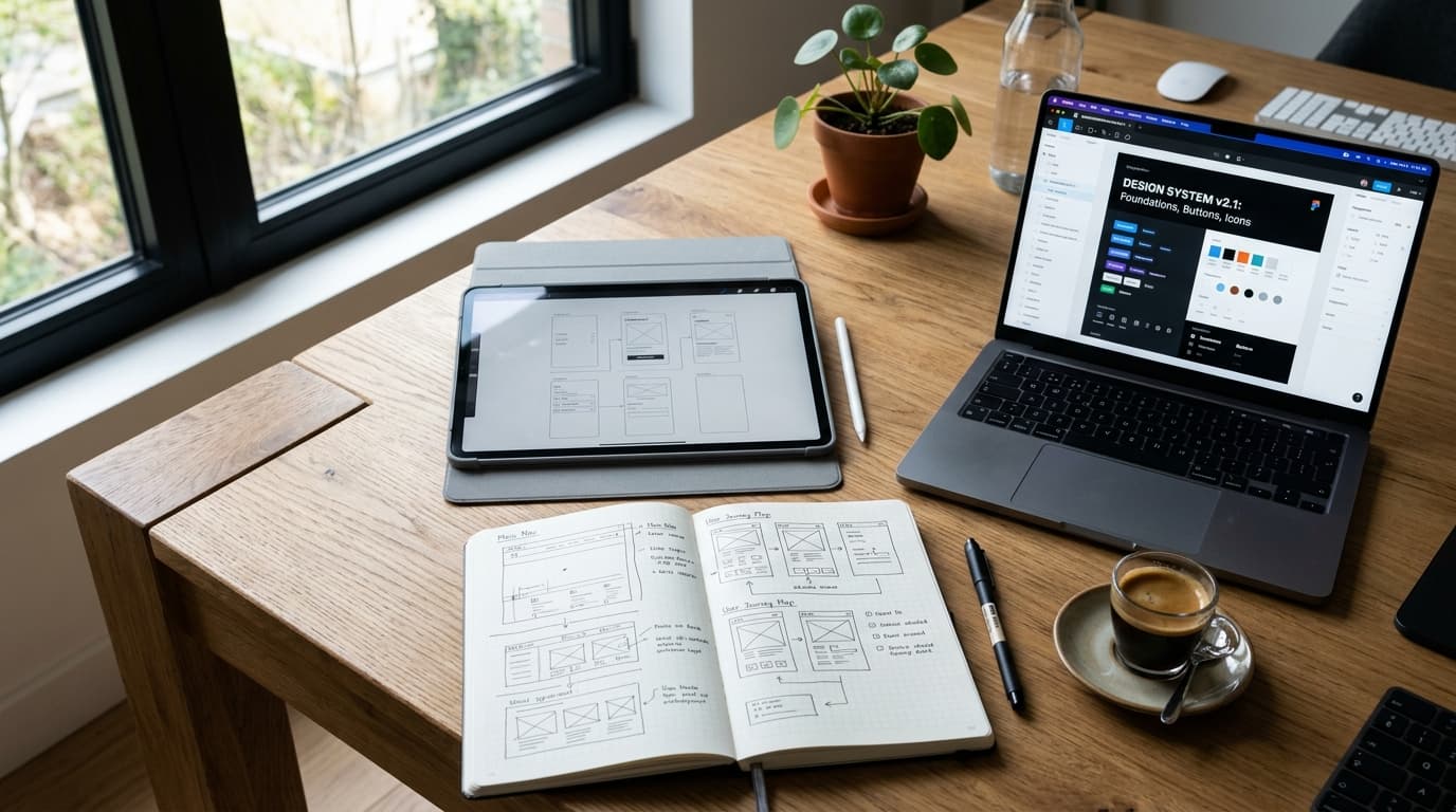 Mesa de trabalho de design de produto e arquitetura com iPad e wireframes reais