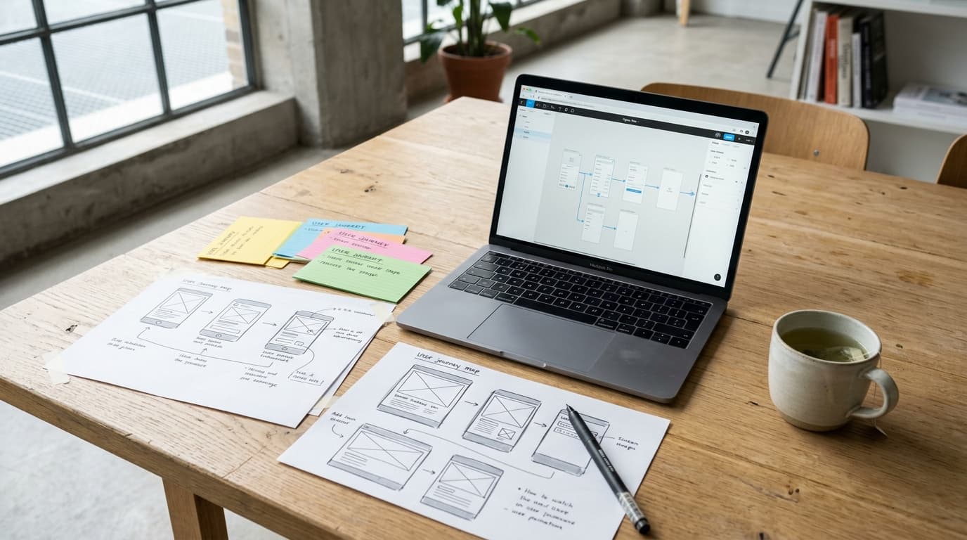 Mesa de sprint de design de produto com wireframes desenhados à mão e fluxogramas no Figma