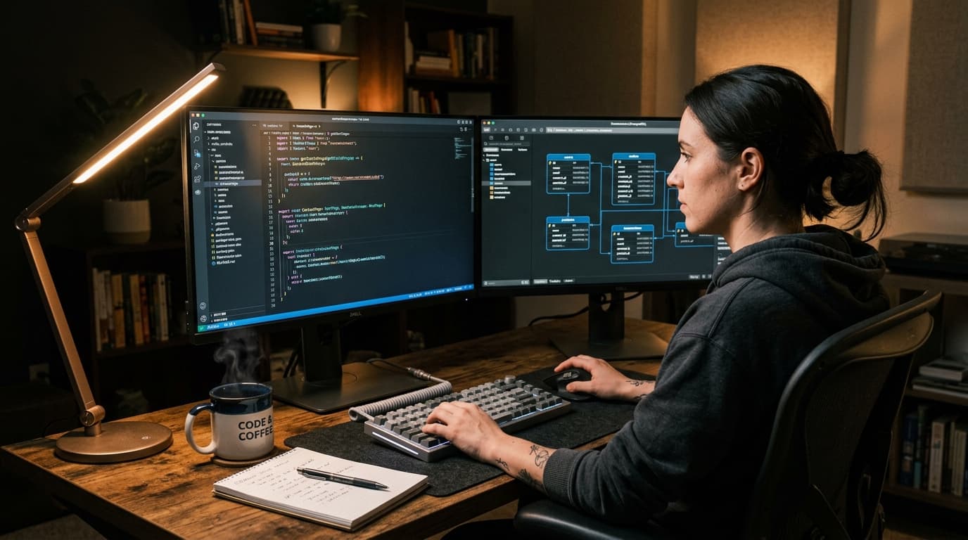 Estação de engenharia de software com código TypeScript limpo e diagrama de dados